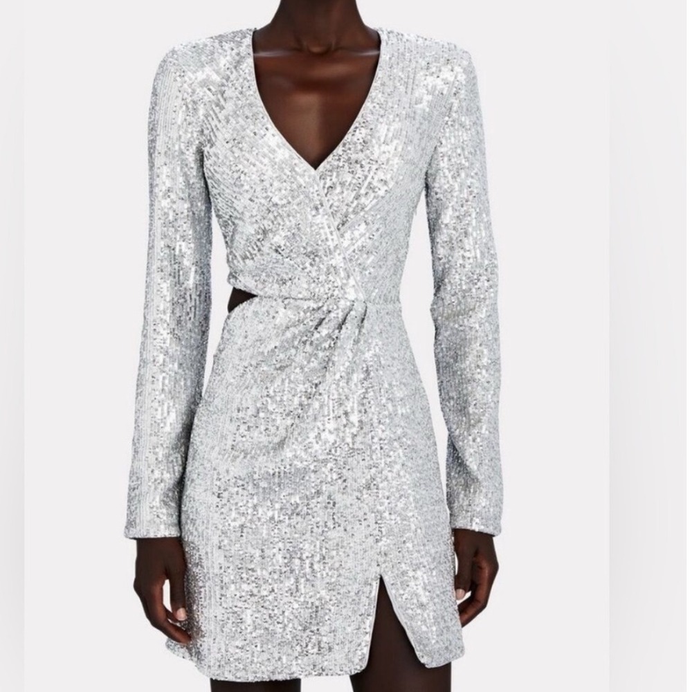 Jonathan Simkhai Conrad‎ Sequin Mini Dress Size 8 Silver Long Sleeve Party Glam